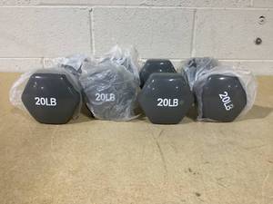 lot 356 image: Vinyl Hexagon Workout Dumbbell Hand Weight QTY 4   20LB DUMBELLS