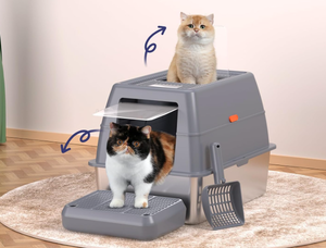 lot 161 image: XXXL Stainless Steel Litter Box with Lid,Extra Large 28L20W18.1H Metal Cat Litter Box