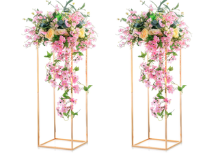 lot 183 image: NUPTIO 2 Pcs Metal Flower Floor Vase Column Geometric Centerpieces Flower Stand for Tables, 31 inch Tall Gold Flower Holder
