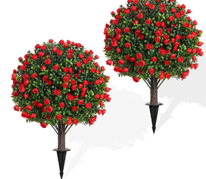 lot 470 image: Artificial Rose Topiary Trees, 17 Inch UV-Resistant Red Flowers, Set of 2 with Ground Stakes
