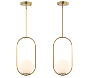 lot 86 image: LOT OF 2 Modern Globe Pendant Light Mid Century Chandelier 1-Light Brass  Ceiling Hanging Lighting Fixture with White Globe Glass Lampshade for Kitchen Island Dining Room Bedroom