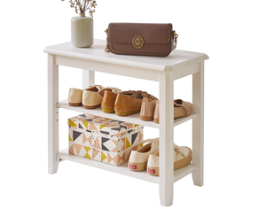 lot 155 image: Wooden Shoe Bench, 3 Tier Organizer Entryway Bench Height Adjustable, White YD-WD05W