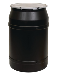 lot 289 image: Eagle 55 Gallon Plastic Drum with Lid, Metal Lever-Lock, 36.4x22.5, Open Head Lab Pack Drum Made of Durable, Lightweight HDPE, Withstands Weather and Chemicals, Made in USA, Black, 1656MBLK
