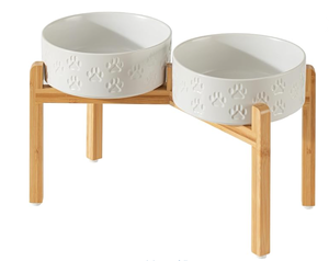 lot 358 image: Elevated Ceramic Dog Bowls, 8.3 Dog Dishes with Stand, Elevated Food & Water Bowls for Large Breed Dogs, 2 Non-Slip Feeding Bowls, Microwave Safe (Double Bowls  Stand - White, 8 inch)