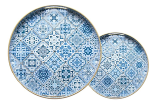 lot 361 image: Serving Trays Set of 2, Decorative Plastic Serving Trays with Handles, 15 & 13 Round Tray Party Tray for Food, Coffee Table, Ottoman, Bathroom, and Living Room (Round Blue Moroccan)