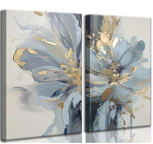 lot 362 image: 2Pcs Neutral Abstract Floral Canvas Wall Art Luxurious Light Blue Grey And Gold Flower Painting Pictures Wall Decor Poster Print Artwork for Living Room Bedroom Bathroom Home Decoration 24Lx16W
