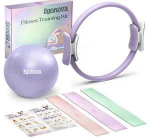 lot 381 image: EgoNova Pilates Ring Set 14-Inch Magic Circle with Dual Padded Handles, Pilates Mini Ball, and Resistance Bands (15, 25, 35 lbs) for Strength, Flexibility, Stability, and Body Toning