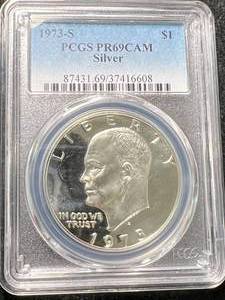 lot 08 image: 1973-S US PROOF EISENHOWER DOLLAR PCGS PF69CAM SILVER