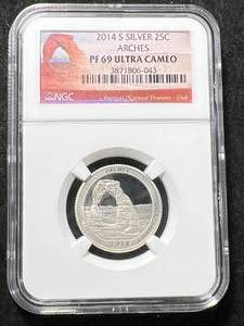 lot 38 image: 2014-S US ARCHES SILVER QUARTER NGC PF69 ULTRA CAMEO