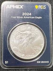lot 39 image: 2024 AMERICAN SILVER EAGLE 1 TROY OZ .999 FINE SILVER IN APMEX HOLDER