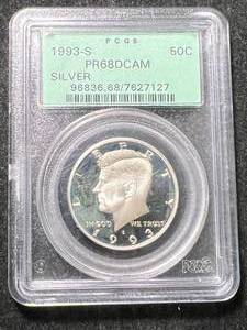 lot 43 image: 1993-S US PROOF KENNEDY HALF DOLLAR PCGS PR68 DCAM SILVER