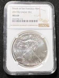 lot 67 image: 2017-S AMERICAN SILVER EAGLE NGC MS69