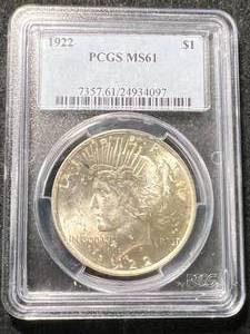lot 73 image: 1922 US PEACE SILVER DOLLAR PCGS MS61