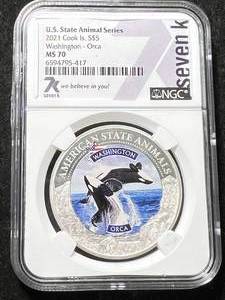 lot 74 image: 2021 US STATE ANIMAL SERIES COOK ISLAND ROUND NGC MS70