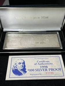 lot 84 image: 4 TROY OZ .999 FINE SILVER $100 BILL DESIGNED BAR