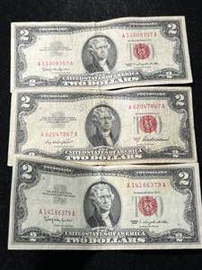 lot 88 image: 3 US RED SEAL $2 BILLS