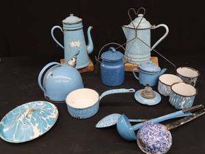 lot 73 image: BLUE ENAMEL WARE