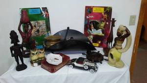 lot 885 image: Fireplace Log Holder and Eclectic Decor and Collectibles.