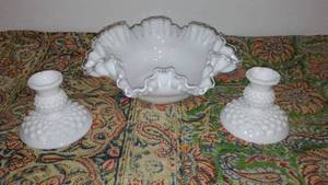 lot 915 image: White Milk glass Fenton Crimp and Ruffle Bowl and Hobnail Candleholders