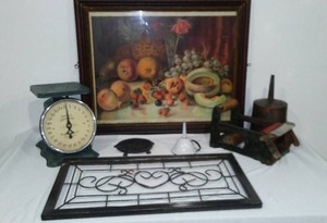 lot 922 image: Vintage Dcor Items, Scale, Wet Tape Dispenser, Funnels (Coleman) and more.