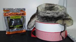 lot 932 image: Fur Hat and NEW Ice Snow Traction Grips.