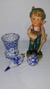 lot 948 image: Royal Copenhagen Denmark Full Lace Cigar Cup or Vase, Delft Blue Ornaments (2) Hummel