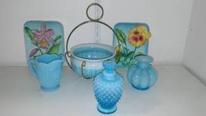 lot 972 image: Vintage Fenton and More. Hobnail Perfume Jar, Ruffle Edge vase.