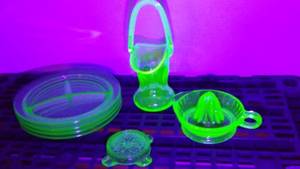 lot 960 image: Uranium Glass Divided Plates (4) Sunflower Ashtray, Juicer,Basket Vase.