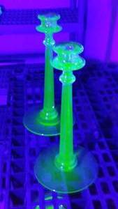 lot 957 image: Fostoria Green Uranium Glass Candle Stick Holders (2)