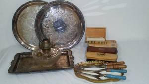lot 954 image: Vintage Trays, Brushes, Curling Irons, Oil lamp and More.