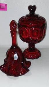 lot 963 image: Fenton Ruby Red Pedestal Covered Dish and Bell.