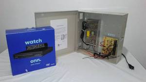 lot 654 image: Onn DVD Player and Security Multi outlet 12 VDC power Supply.