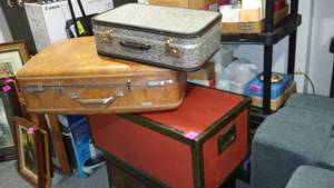 lot 876 image: Wood Footlocker and Vintage Suitcases (2) American Tourister Air Luggage.