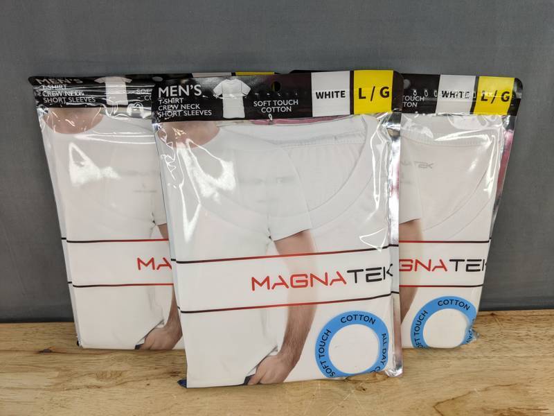 lot 35L image: 3 MagnaTek Mens Crew Neck T-Shirts White Large - Brand New