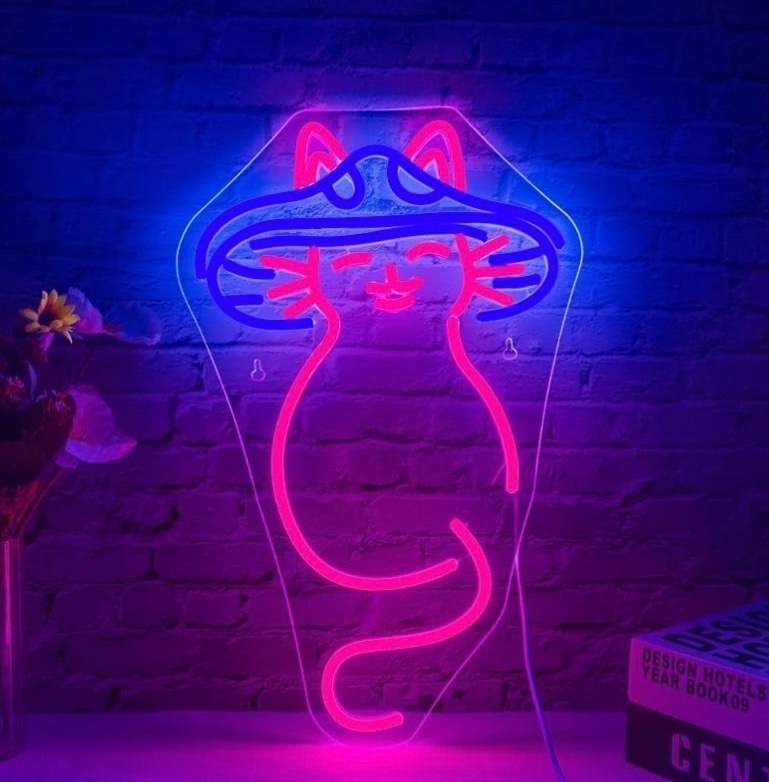 lot 55C image: Neon Cat Sign with Mushroom Hat - Dimmable Wall Decor - Brand New