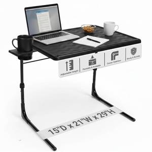 lot 73 image: Table-Mate II Plus Adjustable Tray Table with Built-In Cup Holder, Black - Brand New
