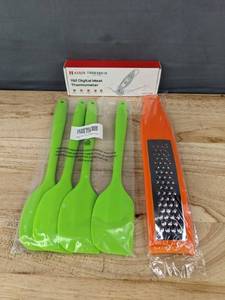 lot 212 image: 6 Kitchen Tools Spatulas, Cheese Grater, Digital Meat Thermometer - Brand New