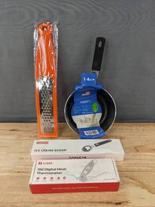 lot 227 image: 4 Kitchen Accessories Milk Pot, Grater, Ice Cream Scoop, Thermometer - Brand New