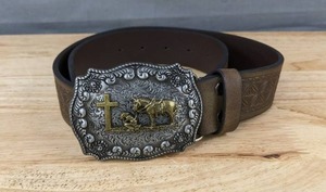 lot 58E image: Womens Western Floral Tooled Leather Belt, Cross Horse Buckle - Brand New