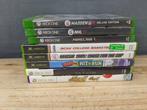 lot 100E image: 8 Total Xbox, Xbox One and Xbox 360 Games - Minecraft, Skyrim, NCAA, NASCAR, Simpsons Hit & Run C