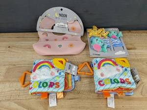 lot 322 image: Moon and Stars Baby Gift Set Silicone Bib, Hand & Foot Rattles, Crinkle Books - Brand New
