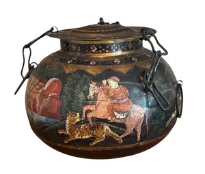 UL - Large Vintage Hand Painted Metal Rice Container with Indian Hunting Scene