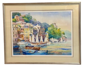 lot 5A image: LLSTR - Large Framed Original Rose Edin Watercolor Coastal Scene