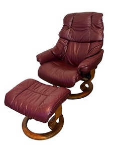 lot 7 image: DN - Ekornes Burgundy Leather Recliner Chair with Ottoman, Made in Norway