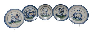 lot 12H image: PTRY - Set of 5 Hand-Painted M. A. Hadley Farmhouse Dinner Plates