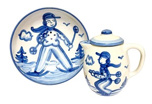 lot 14H image: PTRY - M.A. Hadley Ski Scene Ceramic Pitcher, 4 Dinner Plates, 5 Salad Plates