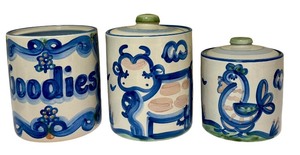 lot 17 image: PTRY - Set of 3 M.A. Hadley Pottery Canisters Goodies Cow Hen Assorted Sizes