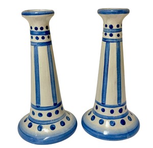 lot 20H image: PTRY - Pair of M.A. Hadley Pottery 9-Inch Blue and White Candlesticks