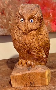 lot 22 image: Hand-Carved Wooden Owl Sculpture Signed C. Letty 2004, 13 Inches Tall