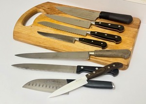 lot 56 image: PTRY - Assorted Kitchen Knife Lot with Wood Cutting Board - Calphalon, Henckels, OXO & More